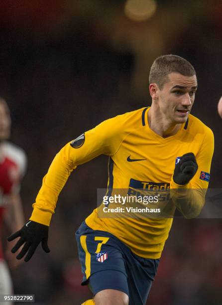 April 26: Antoine Griezmann of Atletico Madrid during the UEFA Europa League semi-final 1st Leg match between Arsenal FC and Atletico Madrid at the...