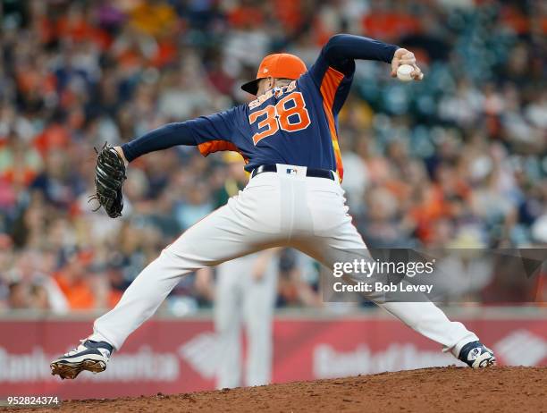 Joe Smith of the Houston Astros pitches in the ninth inning against the Oakland Athletics at Minute Maid Park on April 29, 2018 in Houston, Texas.