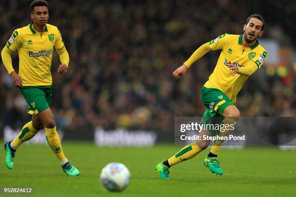 Mario Vrancic of Norwich City shoots during the Sky Bet Championship match between Norwich City and Leeds United at Carrow Road on April 28, 2018 in...