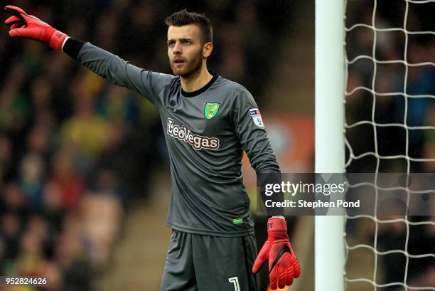 Angus Gunn of Norwich City during the Sky Bet Championship match between Norwich City and Leeds United at Carrow Road on April 28, 2018 in Norwich,...