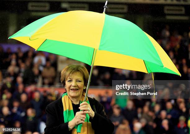 Norwich City Majority Shareholder Delia Smith during the Sky Bet Championship match between Norwich City and Leeds United at Carrow Road on April 28,...