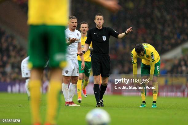 Referee John Brooks reacts during the Sky Bet Championship match between Norwich City and Leeds United at Carrow Road on April 28, 2018 in Norwich,...