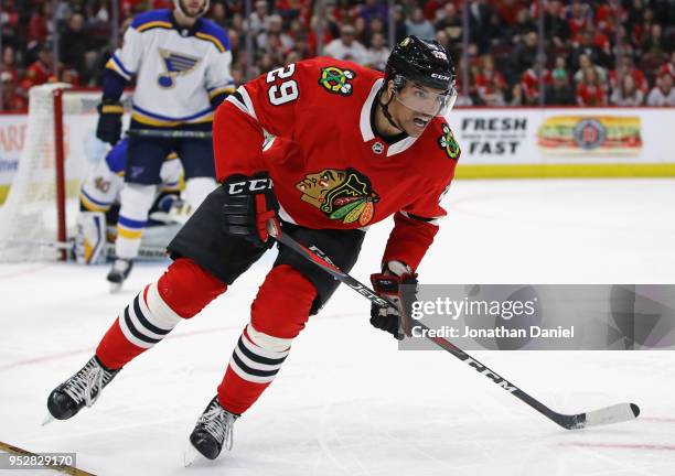 Andreas Martinsen of the Chicago Blackhawks skates against the St. Louis Blues at the United Center on April 6, 2018 in Chicago, Illinois. The Blues...