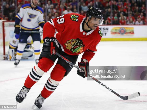 Andreas Martinsen of the Chicago Blackhawks skates against the St. Louis Blues at the United Center on April 6, 2018 in Chicago, Illinois. The Blues...