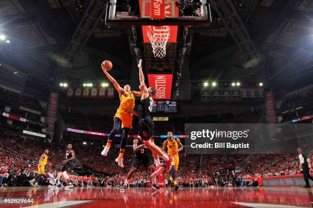 Dante Exum of the Utah Jazz goes to the basket against the Houston Rockets in Game One of the Western Conference Semifinals during the 2018 NBA...