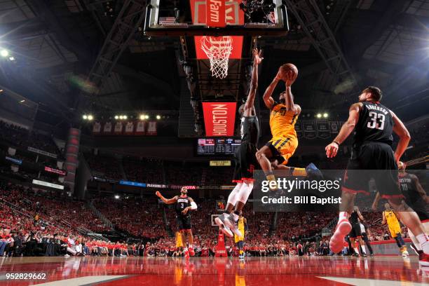 Alec Burks of the Utah Jazz goes to the basket against the Houston Rockets in Game One of the Western Conference Semifinals during the 2018 NBA...