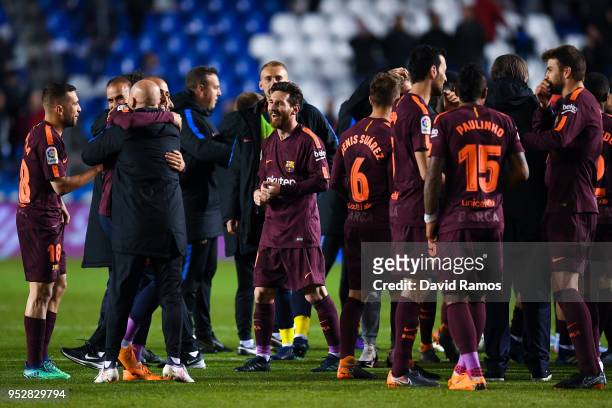 Lionel Messi of FC Barcelona celebrates with his team mates winning La Liga title after the La Liga match between Deportivo La Coruna and Barcelona...