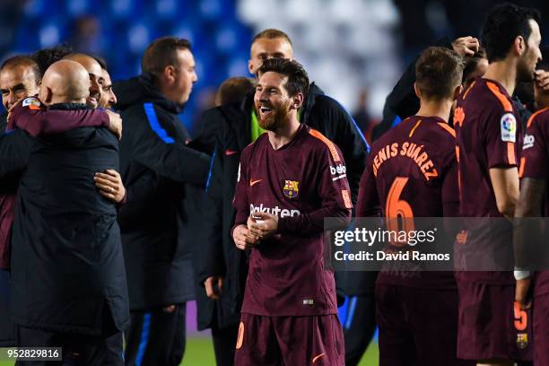 Lionel Messi of FC Barcelona celebrates with his team mates winning La Liga title after the La Liga match between Deportivo La Coruna and Barcelona...