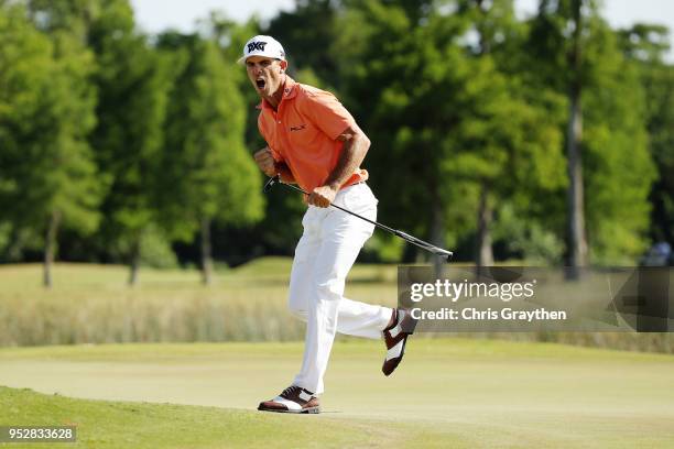 Billy Horschel reacts to a putt on the 18th hole during the final round of the Zurich Classic at TPC Louisiana on April 29, 2018 in Avondale,...