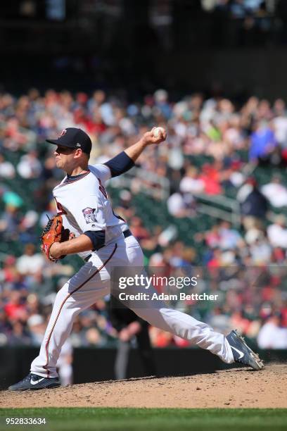 Tyler Duffey of the Minnesota Twins pitches in the eighth inning against the Cincinnati Reds at Target Field on April 29, 2018 in Minneapolis,...