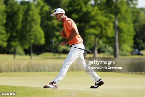 Billy Horschel reacts to a putt on the 18th hole during the final round of the Zurich Classic at TPC Louisiana on April 29, 2018 in Avondale,...