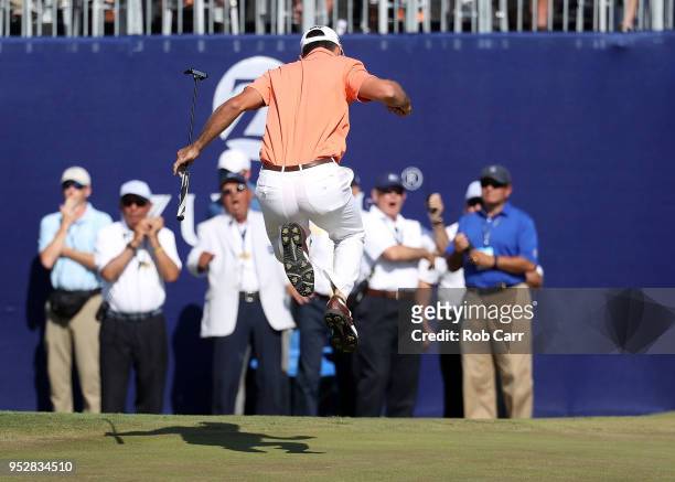 Billy Horschel reacts to a putt on the 18th hole during the final round of the Zurich Classic at TPC Louisiana on April 29, 2018 in Avondale,...