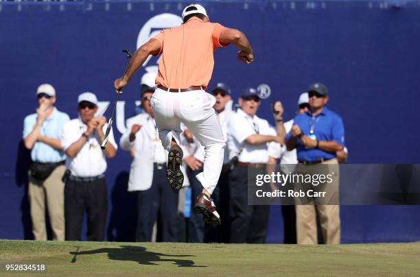 Billy Horschel reacts to a putt on the 18th hole during the final round of the Zurich Classic at TPC Louisiana on April 29, 2018 in Avondale,...