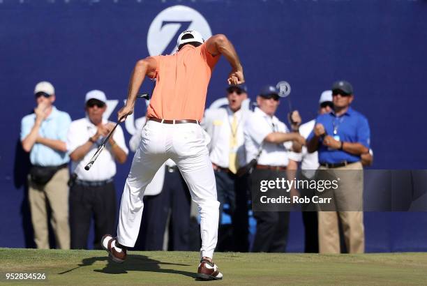 Billy Horschel reacts to a putt on the 18th hole during the final round of the Zurich Classic at TPC Louisiana on April 29, 2018 in Avondale,...