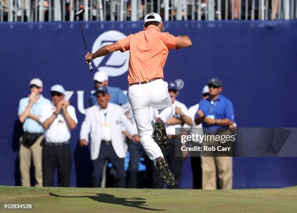 Billy Horschel reacts to a putt on the 18th hole during the final round of the Zurich Classic at TPC Louisiana on April 29, 2018 in Avondale,...