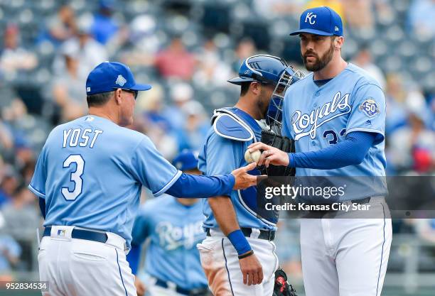Kansas City Royals manager Ned Yost relieves relief pitcher Brian Flynn in the seventh inning against the Chicago White Sox on Sunday, April 29 at...