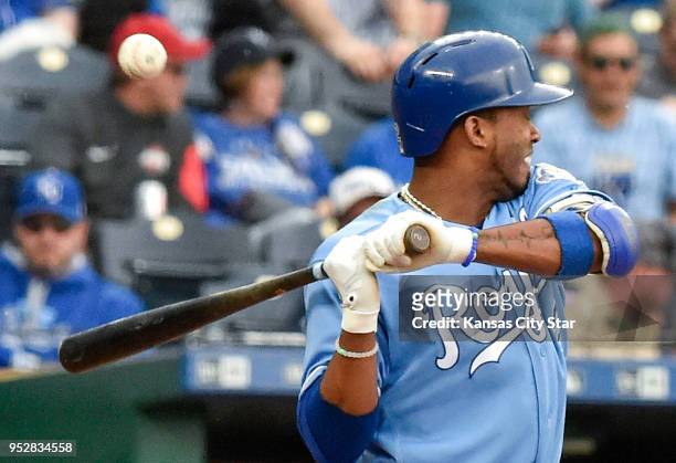 Kansas City Royals' Alcides Escobar is hit by a pitch from Chicago White Sox relief pitcher Bruce Rondon in the eighth inning on Sunday, April 29 at...