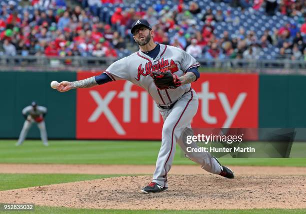 Peter Moylan of the Atlanta Braves throws a pitch in the sixth inning during a game against the Philadelphia Phillies at Citizens Bank Park on April...