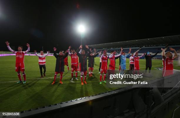 Braga players celebrate the victory at the end of the Primeira Liga match between CF Os Belenenses and SC Braga at Estadio do Restelo on April 29,...