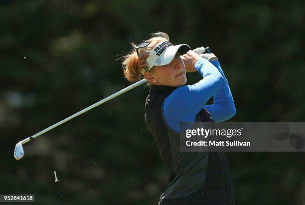 Jessica Korda watches her tee shot on the second hole during the final round of the Mediheal Championship at Lake Merced Golf Club on April 29, 2018...