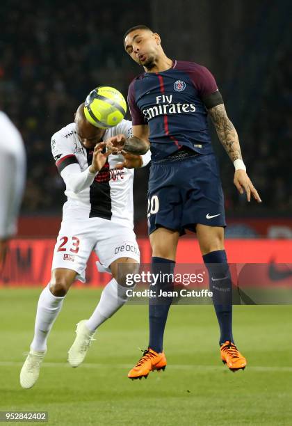 Jimmy Briand of Guingamp, Layvin Kurzawa of PSG during the Ligue 1 match between Paris Saint Germain and En Avant Guingamp at Parc des Princes...