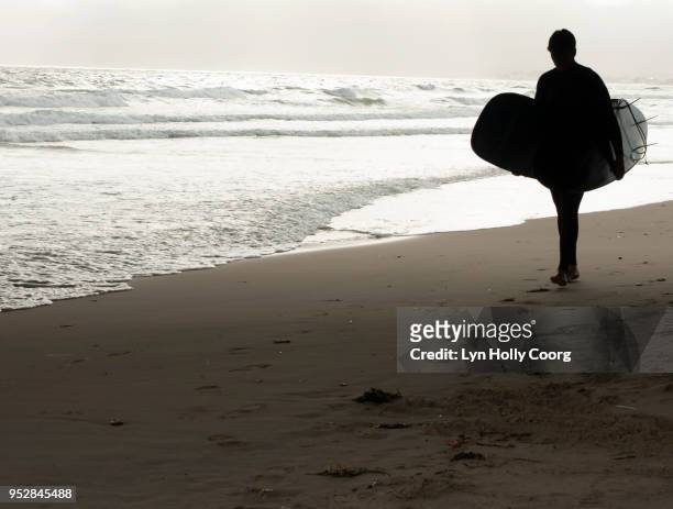 silhouette of male surfer with two surfboards walking under boardwalk on waters edge - lyn holly coorg stock-fotos und bilder