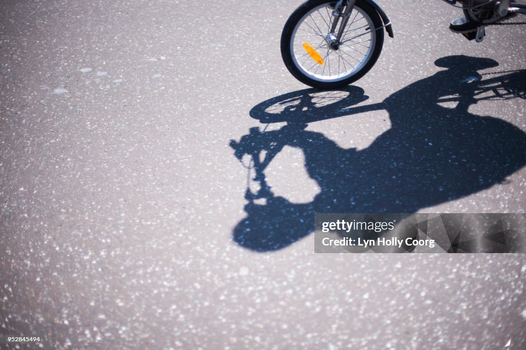 Shadow of cyclist on road