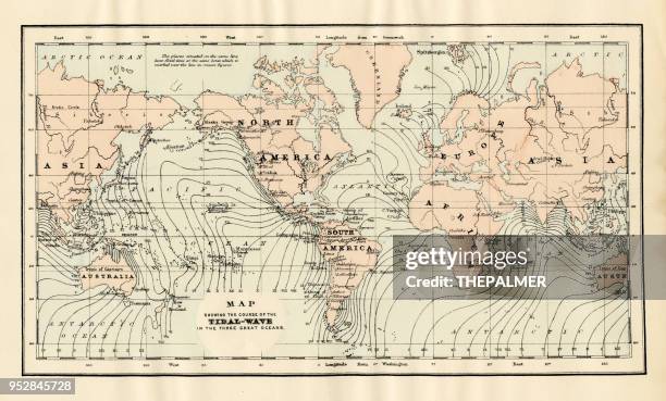 map of tidal wave 1894 - antarctica stock illustrations