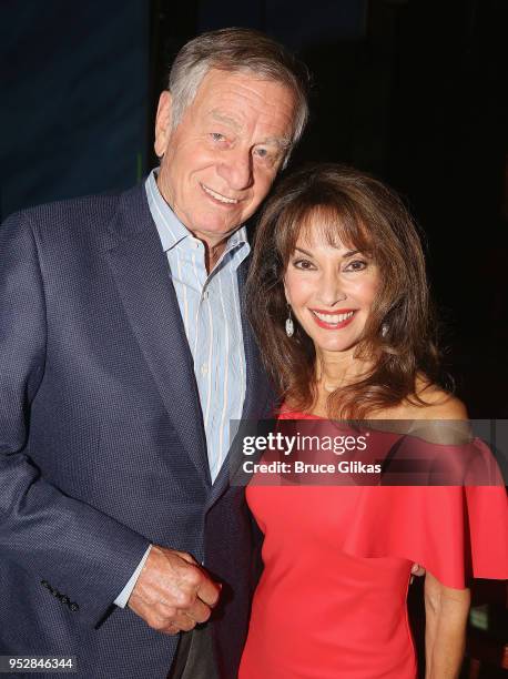 Helmut Huber and wife Susan Lucci pose backstage at the hit musical "Escape to Margaritaville" on Broadway at The Marquis Theatre on April 29, 2018...