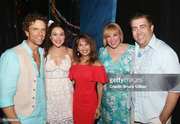 Paul Alexander Nolan, Alison Luff, Susan Lucci, Lisa Howard and Eric Petersen pose backstage at the hit musical "Escape to Margaritaville" on...