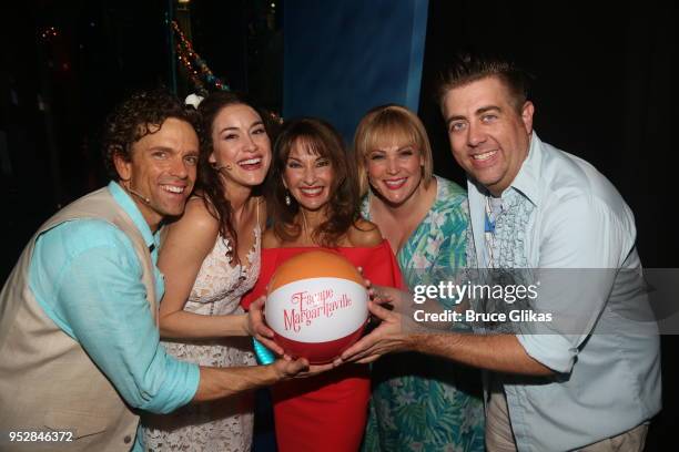 Paul Alexander Nolan, Alison Luff, Susan Lucci, Lisa Howard and Eric Petersen pose backstage at the hit musical "Escape to Margaritaville" on...