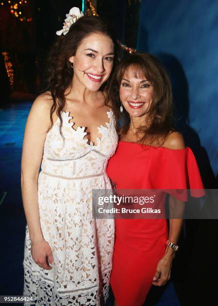 Alison Luff and Susan Luccimpose backstage at the hit musical "Escape to Margaritaville" on Broadway at The Marquis Theatre on April 29, 2018 in New...