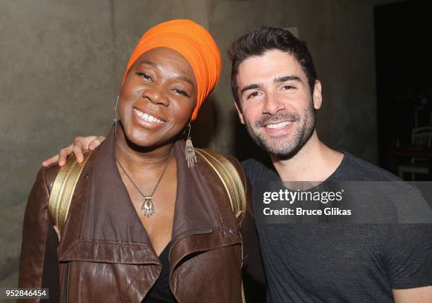 India Arie and Adam Kantor pose backstage at the hit musical "The Band's Visit" on Broadway at The Barrymore Theatre on April 29, 2018 in New York...