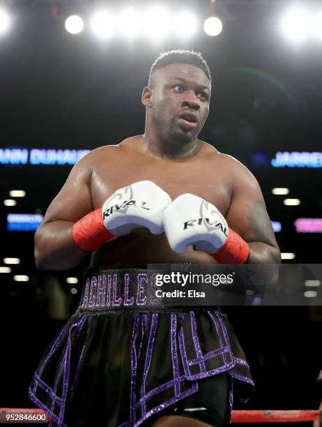 Jarrell "Big Baby" Miller of the United States prepares to fight Johann Duhaupas of France during their WBA Heavyweight match at Barclays Center on...