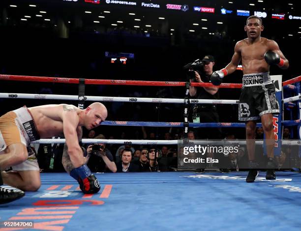 Daniel Jacobs of the USA reacts after he knocked down Maciej Sulecki of Poland in the 12th round during their WBA World Middleweight Title bout at...