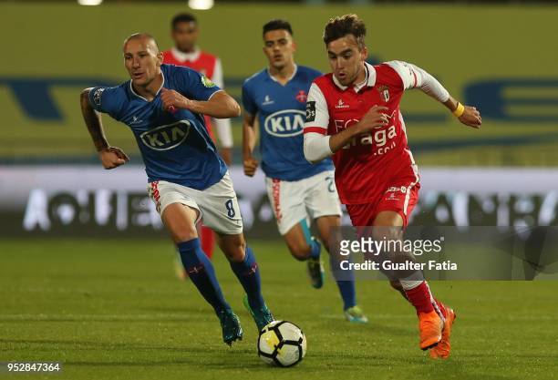 Braga midfielder Andre Horta from Portugal with CF Os Belenenses midfielder Andre Sousa from Portugal in action during the Primeira Liga match...
