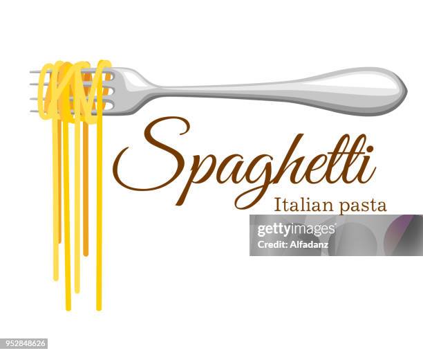 pasta roll on the fork. italian pasta with fork silhouette. black fork with spaghetti on the yellow background. hand holding a fork with spaghetti. - fork stock illustrations