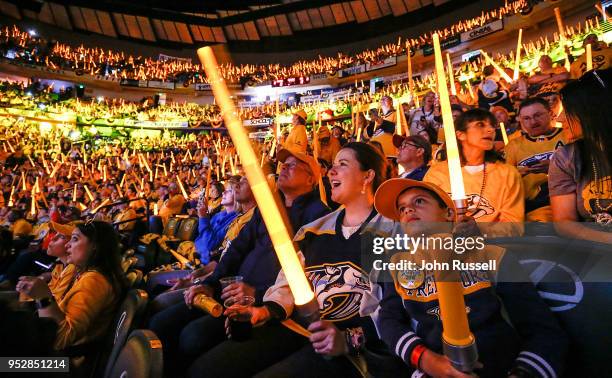 Fans watch the pregame intro prior to Game Two of the Western Conference Second Round between the Nashville Predators and the Winnipeg Jets during...