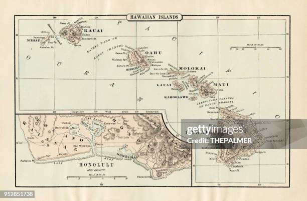 map of hawaii 1894 - kauai stock illustrations