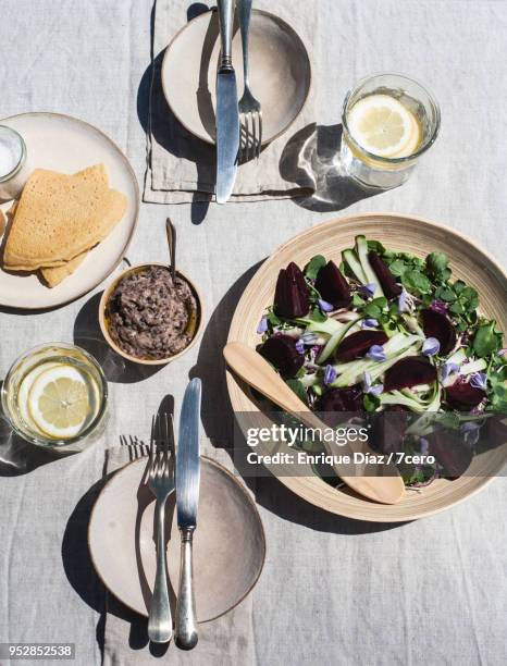 beetroot and wisteria salad in ericeira, vertical - 7cero food stock pictures, royalty-free photos & images