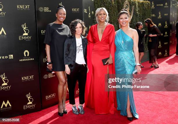 Aisha Tyler, Sara Gilbert, Eve and Julie Chen attend the 45th annual Daytime Emmy Awards at Pasadena Civic Auditorium on April 29, 2018 in Pasadena,...