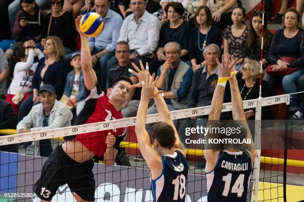 In attack Dominic Hafliger during the Italy-Swiss match in the qualifying round for the European Championships for Men Under 20 Volleyball . Italy...