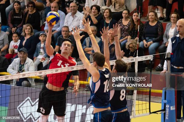 In attack Dominic Hafliger during the Italy-Swiss match in the qualifying round for the European Championships for Men Under 20 Volleyball . Italy...