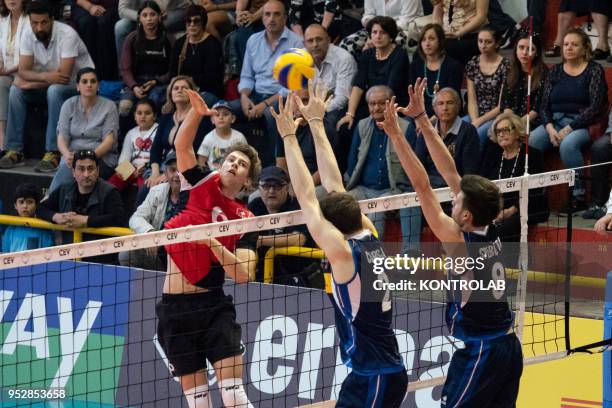 In attack Nico Suess during the Italy-Swiss match in the qualifying round for the European Championships for Men Under 20 Volleyball . Italy wins 3-0...
