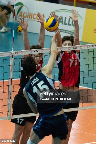 In attack Daniele Lavia during the Italy-Swiss match in the qualifying round for the European Championships for Men Under 20 Volleyball . Italy wins...