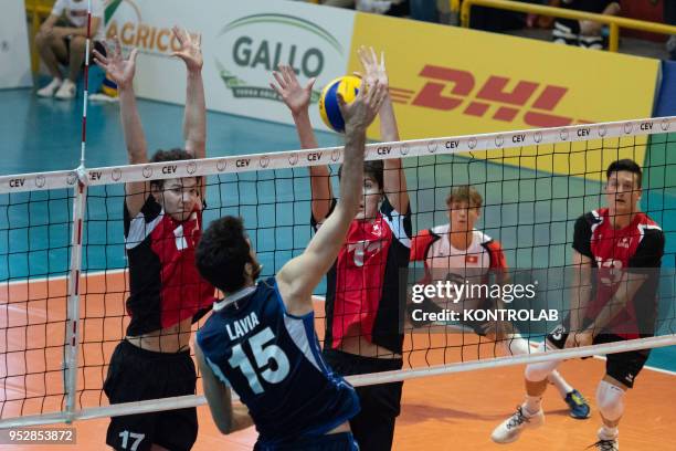 In attack Daniele Lavia during the Italy-Swiss match in the qualifying round for the European Championships for Men Under 20 Volleyball . Italy wins...