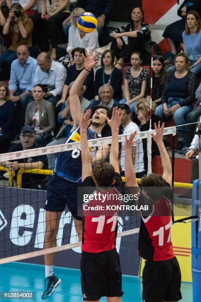 In attack Marco Panciocco during the Italy-Swiss match in the qualifying round for the European Championships for Men Under 20 Volleyball . Italy...