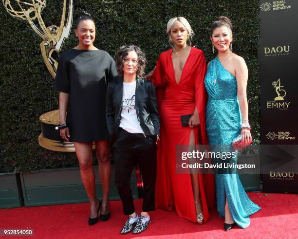 Aisha Tyler, Sara Gilbert, Eve and Julie Chen attend the 45th annual Daytime Emmy Awards at Pasadena Civic Auditorium on April 29, 2018 in Pasadena,...