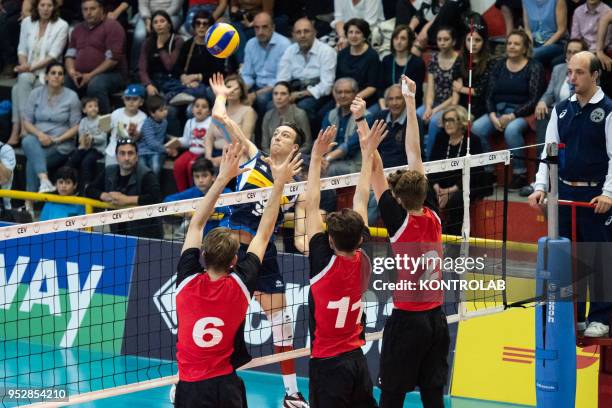 In attack Francesco Recine during the Italy-Swiss match in the qualifying tourney for the European Championships for Men Under 20 Volleyball . Italy...