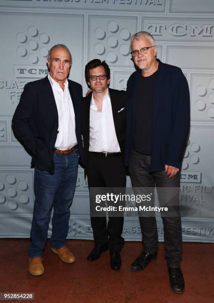 Screenwriter Ron Shelton, TCM host Ben Mankiewicz and Actor Tim Robbins attend the screening of 'Bull Durham' during day 4 of the 2018 TCM Classic...